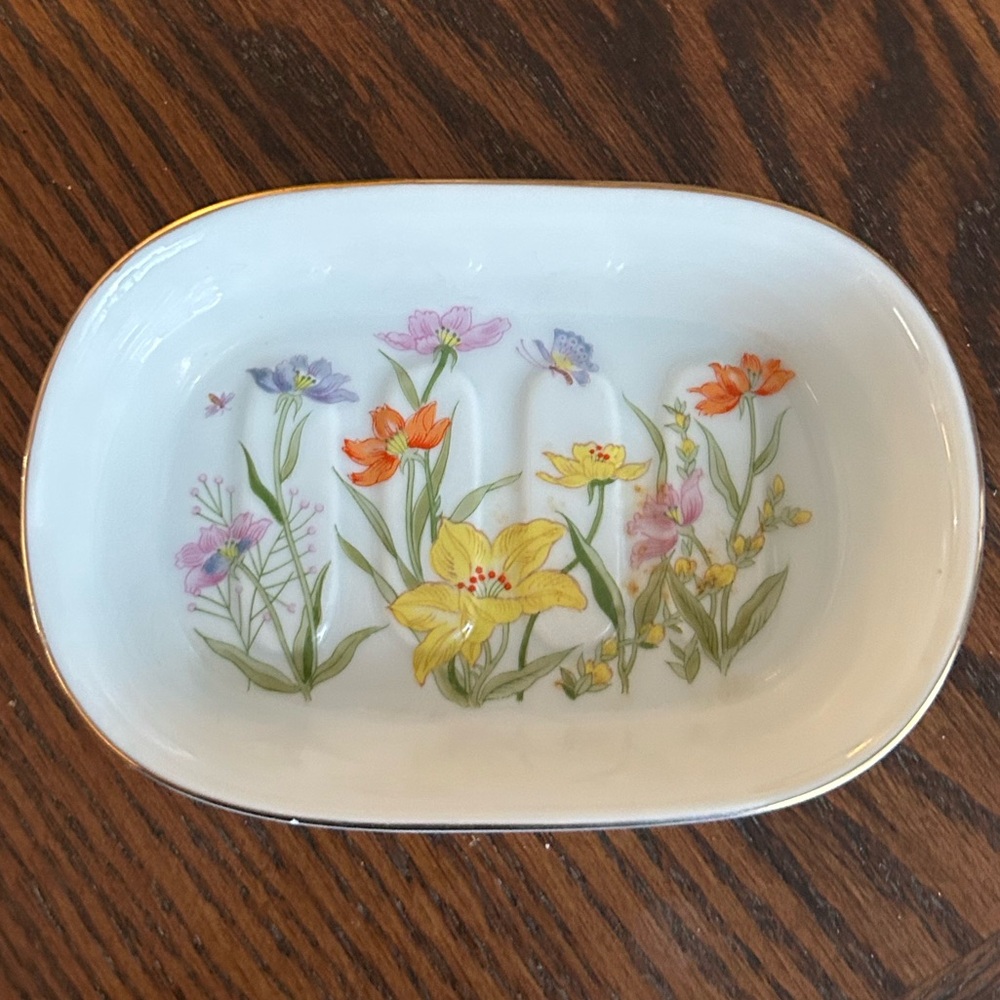 Ben Rickert Floral Porcelain Dish with Gold Trim